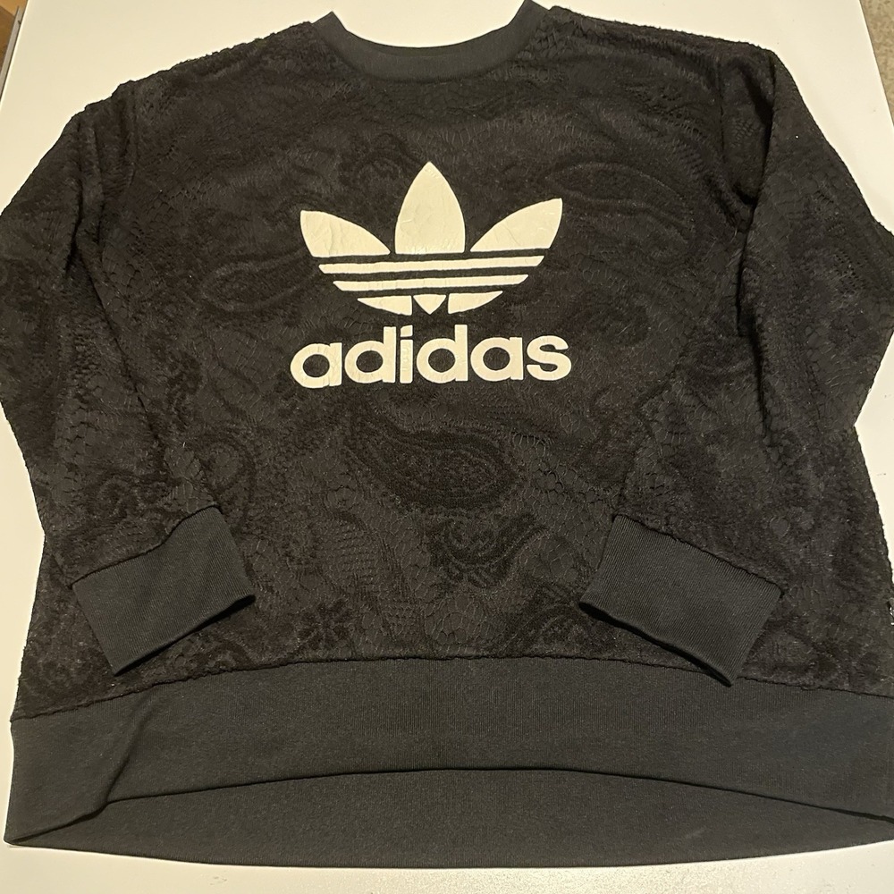 Adidas Women's Black Trefoil Logo Graphic Paisley Lace Overlay Sweatshirt Size M